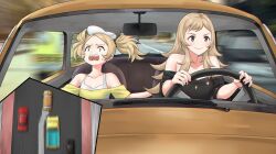 Rule 34 | 2girls, alternate costume, bare shoulders, black shirt, blonde hair, bra strap, breasts, car, cleavage, commentary, driving, fire emblem, fire emblem awakening, fire emblem fates, grandmother and granddaughter, grey eyes, highres, igni tion, lissa (fire emblem), long hair, motor vehicle, multiple girls, nintendo, off-shoulder shirt, off shoulder, open mouth, ophelia (fire emblem), shirt, short sleeves, steering wheel, twintails, upper body, very long hair, white headwear, yellow shirt