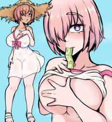 Rule 34 | 1girl, breasts, condom, condom in mouth, condom wrapper, covering privates, covering breasts, fate/grand order, fate (series), female focus, hair over one eye, hat, heart, heart-shaped pupils, looking at viewer, mash kyrielight, mouth hold, purple eyes, sieroo, solo, straw hat, swimsuit, symbol-shaped pupils, wet, wet clothes
