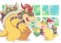 Rule 34 | 2boys, ^ ^, armlet, bandana, blush, bowser, bowser jr., bracelet, claws, closed eyes, collar, day, fang, father&#039;s day, father and son, full body, gift, holding, holding gift, horns, hoshikuzu pan, jewelry, looking at another, male focus, mario (series), multiple boys, nintendo, no humans, open mouth, profile, red hair, ribbon, sharp teeth, shell, smile, spiked armlet, spiked bracelet, spiked collar, spiked shell, spiked tail, spikes, standing, tail, teeth, tree, turtle shell, v-shaped eyebrows, white background, white bandana, window, yellow ribbon