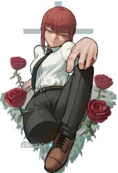Rule 34 | 1girl, absurdres, artist name, atoroux, black necktie, black pants, brown footwear, chainsaw man, collared shirt, cropped legs, cross, flower, highres, looking at viewer, makima (chainsaw man), medium hair, necktie, pants, red flower, red hair, red rose, ringed eyes, rose, shirt, shirt tucked in, simple background, smile, smug, solo, twitter logo, white background, white shirt, yellow eyes