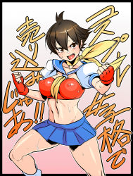 Rule 34 | 1girl, adapted costume, black hair, blue sailor collar, blush, bra, breasts, brown eyes, choker, clenched hands, cosplay, detached sleeves, covered erect nipples, fingerless gloves, gloves, kasugano sakura, kasugano sakura (cosplay), large breasts, loose socks, makoto (street fighter), midriff, miniskirt, navel, pleated skirt, puffy short sleeves, puffy sleeves, red bra, ribbon choker, ryao, sailor collar, short hair, short sleeves, skirt, socks, solo, strapless, strapless bra, street fighter, sweat, tomboy, underwear