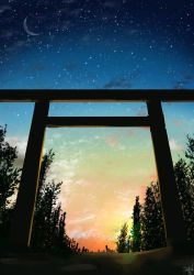 Rule 34 | amatsuki rei, bad id, bad twitter id, blue sky, cloud, cloudy sky, commentary request, crescent moon, forest, gradient sky, highres, moon, nature, no humans, original, outdoors, scenery, signature, sky, star (sky), starry sky, sunset, torii, tree, twilight