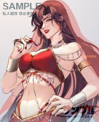 Rule 34 | 1girl, arabian clothes, bare shoulders, black hair, black nails, bracelet, braid, chain, commission, earrings, eyepatch, genderswap, genderswap (mtf), hands on own hips, holding, holding own hair, hua cheng, jewelry, long hair, looking at viewer, nail polish, necklace, ninebirds9999, red lips, single braid, solo, tianguan cifu, transparent, upper body, veil, very long hair