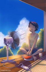 Rule 34 | 1girl, bare legs, barefoot, black hair, can, closed eyes, dead-robot, drink can, electric fan, electrical outlet, food, fruit, hand fan, hot, indian style, original, porch, power strip, short hair, short shorts, shorts, sitting, sky, soda can, solo, summer, tan, tank top, tatami, watermelon