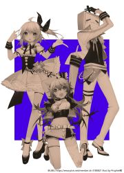 Rule 34 | + +, 2girls, :3, :d, ahoge, arm over head, arm up, artist name, asymmetrical legwear, bad id, bad pixiv id, belt, bili girl 33, bilibili, black footwear, blue background, blush stickers, bow, copyright name, frilled skirt, frills, hair bow, hair ornament, hairclip, hand on own hip, highres, kneeling, limited palette, midriff, multiple girls, navel, necktie, official art, open mouth, pants, ponytail, prophet chu, short hair, single thighhigh, skirt, smile, standing, star (symbol), star print, thigh strap, thighhighs, uneven legwear, watermark, web address, white footwear
