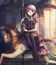 Rule 34 | 1girl, black bow, black dress, black neckwear, black skirt, black thighhighs, bow, carousel, chaang, choker, dappled sunlight, day, dress, full body, grey hair, highres, legs together, looking at viewer, mary janes, original, outdoors, ribbon choker, ruins, shoes, short sleeves, short twintails, sitting, skirt, solo, sunlight, thighhighs, twintails, zettai ryouiki