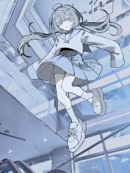 1girl ahoge day floating floating_hair from_below grey_eyes grey_hair grey_sailor_collar grey_shorts grey_skirt hair_between_eyes highres indoors kneehighs knees_together_feet_apart long_hair long_sleeves looking_at_viewer low_twintails original outstretched_arms photo_background pleated_skirt railing sailor_collar school_uniform serafuku shirt shoes shorts shorts_under_skirt si_(wooupp) skirt sleeves_past_fingers sleeves_past_wrists socks solo twintails white_footwear white_shirt white_socks window