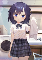 Rule 34 | 1girl, :o, bathroom, black skirt, blue eyes, blue hair, blush, bow, bowtie, breasts, buttons, child, collared shirt, commentary request, fuiba fuyu, gochuumon wa usagi desu ka?, hair ornament, hairclip, highres, holding, indoors, looking at viewer, medium hair, plaid, plaid bow, plaid bowtie, plaid neckwear, plaid skirt, pleated skirt, shelf, shirt, shirt tucked in, short sleeves, sink, skirt, small breasts, solo, taku michi, towel, washing machine, wet, wet clothes, wet hair, white shirt, white towel