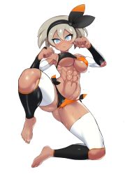 Rule 34 | 1girl, abs, absurdres, ass, barefoot, bea (pokemon), black hairband, blonde hair, blue eyes, bow hairband, breasts, clenched hand, closed mouth, creatures (company), eyelashes, game freak, gluteal fold, gym leader, hair between eyes, hairband, highres, leg up, looking at viewer, muscular, muscular female, nintendo, nisetanaka, pokemon, pokemon swsh, short hair, solo, toes, underboob