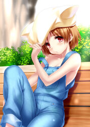 Rule 34 | 1girl, animal ear headwear, animal ears, bare arms, bench, blue overalls, blush, breasts, brown hair, cleavage, collarbone, day, eyelashes, eyes visible through hair, fake animal ears, hair between eyes, hand up, head tilt, headwear pull, highres, kanon, knee up, looking at viewer, naked overalls, no bra, non-web source, off shoulder, on bench, outdoors, overalls, park, park bench, parted lips, red eyes, short hair, sitting, small breasts, solo, spoilers, tree, tsukimiya ayu, yellow headwear, zen (kamuro)