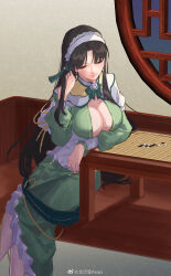 1913_(warship_girls_r) 1girl beimangxue_asius black_hair board_game breasts cleavage closed_eyes dress go_(board_game) gomoku green_dress hair_ribbon hairband highres indoors large_breasts long_hair long_sleeves ribbon sitting solo table very_long_hair warship_girls_r watermark weibo_logo weibo_watermark window