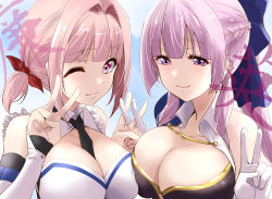 Rule 34 | 2girls, ;), assault lily, asymmetrical docking, bare shoulders, between breasts, black necktie, blue background, blue bow, blue capelet, blunt bangs, bow, braid, breast press, breasts, capelet, character name, cleavage, cleavage cutout, closed mouth, clothing cutout, collarbone, collared shirt, commentary request, detached sleeves, double v, french braid, frilled shirt, frills, gloves, gold trim, gradient background, hair bow, hair intakes, hair ribbon, hands up, kishida hanabusa, large breasts, long hair, long sleeves, looking at viewer, low ponytail, multiple girls, necktie, necktie between breasts, one eye closed, otake sunao, pink eyes, pink hair, ponytail, purple eyes, red ribbon, ribbon, shirt, short hair, short ponytail, side ponytail, single bare shoulder, sleeveless, sleeveless shirt, sleeves past wrists, smile, upper body, urutsu sahari, v, white gloves, white shirt