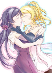 Rule 34 | 2girls, ayase eli, bare shoulders, blonde hair, blush, breasts, dress, earrings, elbow gloves, closed eyes, flower, gloves, hair flower, hair ornament, hand on another&#039;s shoulder, high ponytail, jewelry, large breasts, long hair, love live!, love live! school idol festival, love live! school idol project, multiple girls, necklace, neyubi, outline, ponytail, purple dress, purple hair, shawl, simple background, starry sky print, tojo nozomi, yuri
