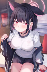 Rule 34 | 1girl, animal ears, black choker, black hair, black shorts, blue archive, blush, breasts, cat ears, choker, colored inner hair, extra ears, gym shirt, gym shorts, gym uniform, halo, highres, jacket, kazusa (blue archive), large breasts, looking at viewer, mi taro333, multicolored hair, open clothes, open jacket, pink hair, pink halo, red eyes, shirt, short hair, short sleeves, shorts, solo, thighs, white shirt