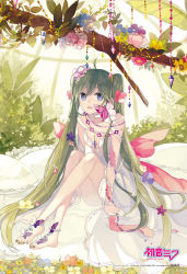 Rule 34 | 1girl, blue eyes, dress, flower, flower on head, green hair, hair ornament, hatsune miku, jewelry, long hair, looking at viewer, lots of jewelry, mig (36th underground), open mouth, sitting, solo, twintails, very long hair, vocaloid, white dress