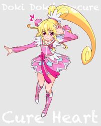Rule 34 | 1girl, aida mana, arm up, arm warmers, blonde hair, boots, bow, brooch, cabinster, copyright name, cure heart, curly hair, dokidoki! precure, full body, grey background, half updo, heart, heart brooch, knee boots, long hair, magical girl, pink bow, pink eyes, pink footwear, precure, ribbon, skirt, smile, solo, yoban