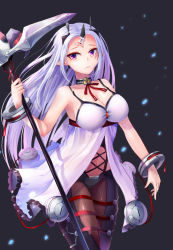 Rule 34 | 1girl, babydoll, bare shoulders, breasts, choker, cleavage, closers, female focus, frown, headgear, horns, large breasts, levia (closers), long hair, looking at viewer, nell-p, nell p, ofuda, pantyhose, pointy ears, purple eyes, red ribbon, ribbon, simple background, single horn, solo, spaghetti strap, staff, white hair