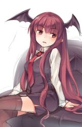 Rule 34 | 1girl, black skirt, breasts, brown thighhighs, collared shirt, crossed legs, garter straps, head wings, highres, koakuma, long hair, looking to the side, medium breasts, necktie, oborofu, open mouth, parted lips, red eyes, red hair, red necktie, shirt, sidelocks, simple background, sitting, skirt, skirt set, solo, thighhighs, touhou, very long hair, white background, white shirt, wings, zettai ryouiki