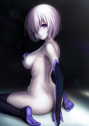 Rule 34 | 1girl, arai29, armpits, ass, back, black background, black gloves, black thighhighs, breasts, closed mouth, commentary request, covering privates, covering breasts, elbow gloves, fate/grand order, fate (series), from behind, gloves, hair over one eye, large breasts, light purple hair, lipstick, looking at viewer, looking back, makeup, mash kyrielight, nude, pale skin, pink lips, purple eyes, short hair, short sleeves, signature, sitting, smile, soles, solo, thighhighs, wariza