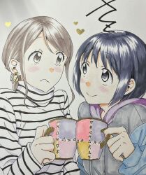 Rule 34 | 2girls, age difference, black hair, blush, brown eyes, brown hair, closed mouth, couple, cup, drinking, highres, looking at another, mug, multiple girls, original, sato (99yen kin&#039;itsu), shirt, short hair, smile, striped clothes, striped shirt, toasting (gesture), traditional media, turtleneck, yuri