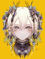 Rule 34 | 1girl, absurdres, bad link, black choker, choker, cropped shoulders, expressionless, grey eyes, hair between eyes, hair ornament, highres, hito komoru, looking at viewer, original, parted lips, portrait, simple background, solo, white hair, yellow background