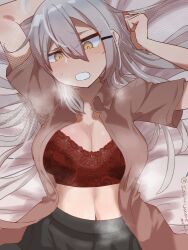 Rule 34 | 1girl, arm up, bed sheet, black skirt, blush, bra, breasts, brown shirt, cleavage, facial scar, gangut (kancolle), grey hair, hair between eyes, hair ornament, hairclip, kantai collection, large breasts, long hair, lying, on back, open clothes, open mouth, open shirt, orange eyes, red bra, scar, scar on cheek, scar on face, shiawase hougan, shirt, skirt, solo, sweat, twitter username, underwear, very long hair