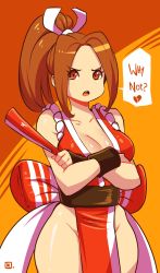Rule 34 | 1girl, armor, borrowed character, breasts, broken heart, brown hair, cleavage, commentary, cowboy shot, crossed arms, crying, crying with eyes open, curvy, english commentary, english text, fatal fury, folding fan, hair ribbon, hand fan, heart, highres, japanese armor, kenron toqueen, kote, large breasts, long hair, looking at viewer, ninja, nintendo, no bra, no panties, obi, parted bangs, pelvic curtain, ponytail, red eyes, ribbon, rope, sad, sash, shimenawa, shiny skin, shiranui mai, solo, super smash bros., tears, thighs, white ribbon