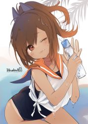Rule 34 | 1girl, ass, black one-piece swimsuit, bottle, brown eyes, brown hair, commentary request, cowboy shot, hair ornament, hairclip, highres, i-401 (kancolle), kantai collection, one-hour drawing challenge, one-piece swimsuit, one eye closed, orange sailor collar, ponytail, ramune, ruohire9, sailor collar, school swimsuit, shirt, short hair, short ponytail, side-tie shirt, sleeveless, sleeveless shirt, solo, swimsuit, swimsuit under clothes, tan, tanline, tongue, tongue out