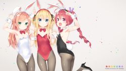 Rule 34 | 3girls, :d, :o, ahoge, animal ears, anniversary, arm up, ass, black footwear, black hairband, black leotard, black ribbon, blonde hair, blue eyes, blush, bow, bowtie, breasts, brown hair, closed mouth, collar, commentary request, detached collar, fake animal ears, fang, fingernails, flat chest, green eyes, grey background, grey legwear, hair between eyes, hair ribbon, hairband, hazuki watora, high heels, highres, holding hands, kani biimu, leotard, long hair, minazuki sarami, multiple girls, open mouth, original, pantyhose, parted lips, playboy bunny, purple eyes, purple ribbon, rabbit ears, rabbit tail, red hair, red hairband, red leotard, red neckwear, ribbon, ringlets, shimotsuki potofu, shoes, small breasts, smile, standing, standing on one leg, star (symbol), tail, twintails, two side up, very long hair, white collar, white hairband, white leotard, wrist cuffs