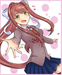 1girl artist_name blazer blue_skirt blush border brown_hair brown_jacket collared_shirt commentary dated doki_doki_literature_club english_commentary green_eyes hair_intakes hair_ribbon heart highres jacket long_hair minzzway monika_(doki_doki_literature_club) neck_ribbon open_mouth orange_sweater_vest outstretched_arm pink_background pink_border polka_dot polka_dot_background ponytail red_ribbon ribbon shirt sidelocks simple_background skirt smile solo sweater_vest white_background white_ribbon white_shirt