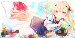 Rule 34 | 1girl, absurdres, bag, black footwear, black skirt, black socks, blonde hair, blue skirt, blush, bow, brown socks, chucolala, closed mouth, collared shirt, cup, drink, drinking glass, drinking straw, feathered wings, food, frilled skirt, frills, fruit, hair between eyes, hair ornament, heart, highres, holding, holding cup, long hair, looking at viewer, lying, on side, one side up, puffy short sleeves, puffy sleeves, red bow, red eyes, rubber duck, shaved ice, shirt, shoes, short sleeves, shoulder bag, skirt, socks, solo, suzumiya rin, usanta, very long hair, water, white shirt, wings