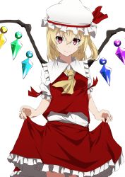 Rule 34 | 1girl, absurdres, aono meri, ascot, asymmetrical hair, asymmetrical wings, blonde hair, crystal, fang, fang out, flandre scarlet, frills, hair between eyes, hat, hat ribbon, highres, looking at viewer, mob cap, puffy sleeves, red eyes, ribbon, shirt, short hair, short sleeves, side ponytail, simple background, skirt, skirt hold, skirt set, smile, solo, touhou, vest, white background, wings