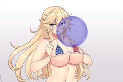 Rule 34 | 1girl, american flag bikini, areola slip, bare shoulders, bikini, blonde hair, blue eyes, blush, breasts, breasts squeezed together, blowing bubbles, chewing gum, cleavage, deep skin, flag print, floating hair, gradient background, hair between eyes, huge breasts, iowa (kancolle), kantai collection, lindaroze, long hair, micro bikini, naughty face, navel, print bikini, pursed lips, see-through, sideboob, sidelocks, simple background, solo, star-shaped pupils, star (symbol), strap gap, swimsuit, symbol-shaped pupils, tsurime, underboob, upper body, wavy hair