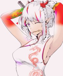 Rule 34 | 1girl, arknights, armpits, breasts, china dress, chinese clothes, dragon print, dress, female focus, folded fan, folding fan, hair ornament, hairpin, hand fan, highres, horns, khrnnfz, long hair, looking at viewer, multicolored hair, nian (arknights), nian (unfettered freedom) (arknights), official alternate costume, one eye closed, pointy ears, purple eyes, red hair, silver hair, simple background, solo, streaked hair