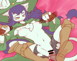 Rule 34 | 1girl, 3boys, boots, breasts, cat, censored, footjob, from above, furry, green eyes, hat, long hair, multiple boys, navel, no bra, no panties, on floor, open mouth, penis, purple hair, pussy, sex, the amboina