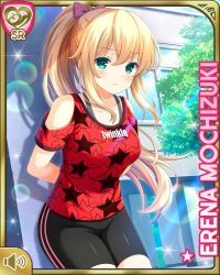 Rule 34 | 1girl, bike shorts, black shorts, blonde hair, blush, bow, braid, breasts, card (medium), closed mouth, collarbone, cyberagent, day, english text, female focus, girlfriend (kari), green eyes, hair ribbon, large breasts, leaning, long hair, mochizuki erena, official art, outdoors, qp:flapper, red bow, red shirt, ribbon, school, shirt, shorts, skirt, standing, tagme, workout clothes
