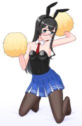 Rule 34 | 1girl, animal ears, black hair, black pantyhose, blue eyes, blue skirt, breasts, cheerleader, detached collar, dress, fake animal ears, geometrie, highres, holding, holding pom poms, kantai collection, leotard, long hair, looking at viewer, necktie, ooyodo (kancolle), pantyhose, playboy bunny, pleated dress, pom pom (cheerleading), pom poms, rabbit ears, red necktie, semi-rimless eyewear, simple background, skirt, small breasts, solo, under-rim eyewear, white background