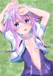 Rule 34 | 1girl, absurdres, arms up, blush, breasts, choker, commentary request, cropped jacket, d-pad, d-pad hair ornament, dress, grass, hair ornament, highres, jacket, looking to the side, lying, midriff, naoya (naoya ee), navel, neptune (neptunia), neptune (series), no bra, on back, on grass, open clothes, open jacket, open mouth, outdoors, partially unzipped, purple dress, purple eyes, purple hair, small breasts, solo, usb, white choker
