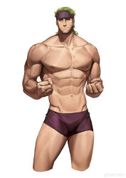 Rule 34 | 1boy, abs, absurdres, bara, boxer briefs, bulge, character request, cropped legs, fire emblem, green hair, headband, highres, large pectorals, long sideburns, male focus, male underwear, mature male, medium hair, muscular, muscular male, my eight, navel, nintendo, nipples, pectorals, purple headband, purple male underwear, raised fists, sideburns, smile, solo, stomach, thick eyebrows, thighs, topless male, underwear