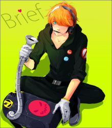 Rule 34 | 10s, 1boy, bad id, bad pixiv id, badge, blue eyes, brief (psg), button badge, freckles, gloves, hair over one eye, headphones, male focus, orange hair, panty &amp; stocking with garterbelt, screwdriver, sitting, solo
