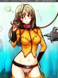 Rule 34 | 10s, 1girl, ahoge, assault rifle, bdsm, belt, bondage, bound, breasts, brown eyes, brown hair, clothes pull, collar, female pubic hair, gun, twirling hair, hand on own hip, large breasts, leash, misaki yuria, navel, no panties, pants, pants pull, playing with hair, pubic hair, pussy, rifle, skin tight, slave, solo, translation request, uchuu senkan yamato, uchuu senkan yamato 2199, uncensored, weapon, zero hime