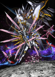 Rule 34 | afterimage, arm shield, battle, beam saber, beam sword, black knight squad rud-ro.a, black knight squad shi-ve.a, cal-re.a, destiny gundam spec ii, double-blade, dual wielding, energy blade, energy sword, energy wings, explosion, glowing, glowing eye, glowing eyes, green eyes, gundam, gundam seed, gundam seed freedom, highres, holding, holding sword, holding weapon, infinite justice gundam type ii, katana, key visual, light particles, looking at viewer, mecha, mighty strike freedom gundam, mobile suit, no humans, official art, promotional art, red eyes, robot, science fiction, solo, space, sword, thrusters, v-fin, weapon, yellow eyes
