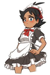 Rule 34 | 1boy, absurdres, alternate costume, apron, bad id, bad twitter id, black hair, blue eyes, blush, closed mouth, commentary, creatures (company), crossdressing, dark skin, dark-skinned male, embarrassed, enmaided, game freak, goh (pokemon), hair ornament, hairclip, hand on own hip, highres, looking at viewer, maid, maid apron, maid headdress, male focus, nico o0, nintendo, pokemon, pokemon (anime), pokemon journeys, simple background, solo, spiked hair, white background