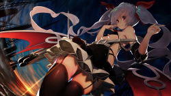 Rule 34 | 1girl, absurdres, aiguillette, arm up, armband, armpits, ass, azur lane, bad id, bad pixiv id, bare shoulders, black panties, black thighhighs, blush, breasts, buckle, cloud, cloudy sky, detached sleeves, dress, dusk, fang, fang out, finger to mouth, floating hair, from behind, from below, garter straps, hair between eyes, hair ornament, hair ribbon, headgear, highres, index finger raised, kumanoi azuki, long hair, looking at viewer, looking back, machinery, moon, panties, pantyshot, red eyes, red ribbon, ribbon, rigging, sideboob, silver hair, skindentation, sky, sleeves rolled up, small breasts, smile, solo, standing, standing on liquid, strap, thighhighs, thighs, torpedo tubes, twintails, underboob, underwear, vampire (azur lane), water, wind, wind lift