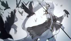 Rule 34 | 1girl, arknights, bare shoulders, bird, bird on hand, branch, breasts, carrying over shoulder, cowboy shot, crow, detached sleeves, flock, glowing, grey background, hair between eyes, highres, horns, lace-trimmed sleeves, lace trim, large breasts, leotard, long hair, looking at viewer, looking to the side, official alternate costume, outstretched hand, pointy ears, ponytail, red eyes, ryuuzaki ichi, see-through, shining (arknights), shining (silent night) (arknights), sidelocks, silver hair, spot color, sword, thigh strap, very long hair, walking, weapon