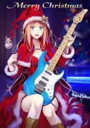 Rule 34 | 1girl, 440, blonde hair, blue eyes, boots, bow, capelet, christmas, dress, electric guitar, guitar, hat, instrument, long hair, looking at viewer, open mouth, original, plectrum, santa hat, smile, solo