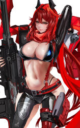 Rule 34 | 1girl, absurdres, anti-materiel rifle, arm up, black jacket, black pants, breasts, bullpup, cleavage, commentary, cowboy shot, goddess of victory: nikke, gun, hair between eyes, hair ornament, highres, hip vent, holding, holding clothes, holding gun, holding jacket, holding weapon, jacket, kyel hyde, large breasts, latex, long hair, looking at viewer, navel, pants, red hair, red hood (nikke), red scarf, revealing clothes, rifle, scarf, sidelocks, simple background, skin tight, smile, sniper rifle, solo, standing, stomach, unworn jacket, weapon, white background, yellow eyes