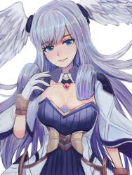 Rule 34 | 1girl, blue eyes, breasts, curly hair, dress, gloves, head wings, highres, large breasts, long hair, long sleeves, looking at viewer, medium breasts, melia antiqua, simple background, smile, solo, tochiryo, upper body, wings, xenoblade chronicles (series), xenoblade chronicles 1, xenoblade chronicles 3
