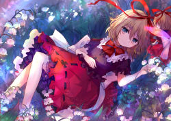 Rule 34 | 1girl, blonde hair, blue eyes, closed mouth, commentary request, doll, dress, fairy wings, flower, frilled dress, frilled skirt, frilled sleeves, frills, grass, hair between eyes, hair ribbon, kazu (muchuukai), light smile, lily of the valley, lying, medicine melancholy, on back, outdoors, petticoat, ribbon, short hair, short sleeves, skirt, smile, su-san, touhou, wings