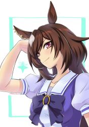 Rule 34 | 1girl, animal ears, arm up, as&#039;maria, bow, bowtie, breasts, brown hair, closed mouth, hand in own hair, highres, horse ears, long hair, looking at viewer, purple shirt, red eyes, sailor collar, school uniform, shirt, short sleeves, signature, sirius symboli (umamusume), small breasts, smile, solo, tracen school uniform, umamusume, upper body